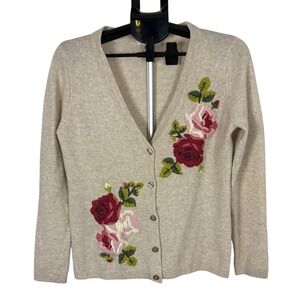 Garnet Hill Women Small Oatmeal Wool Floral Embroidered V-Neck Button Cardigan